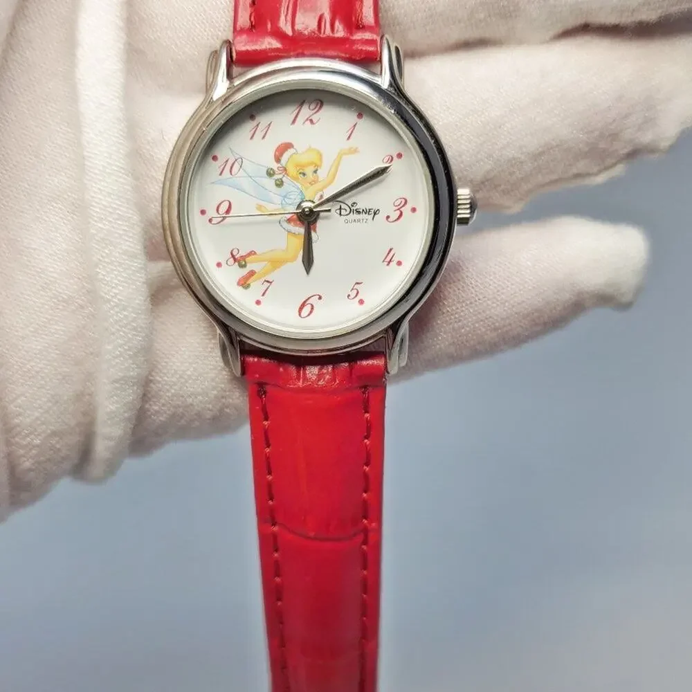 Disney Tinker Bell Holiday Quartz Watch Silver Red Leather
